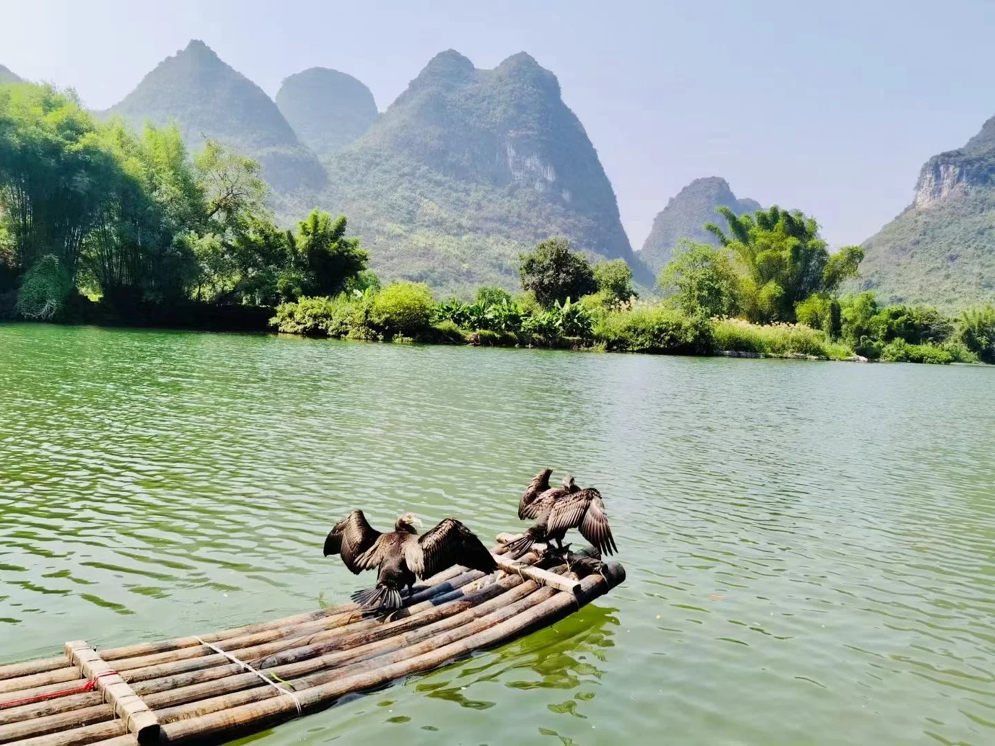 Traditional wooden-roofed village surrounded by misty green mountains in the rural Yangshuo countryside