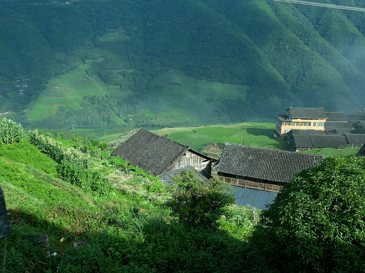 Terraced rice fields and traditional stone houses with green mountain ridges in the background, Guangxi China